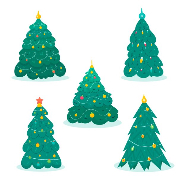 Colección arboles de navidad planos dibujados a mano
