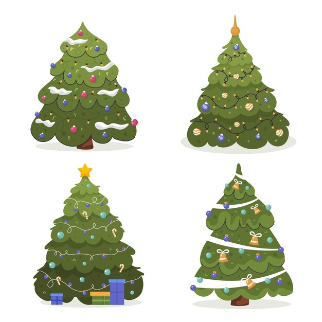 Colección arboles de navidad planos dibujados a mano
