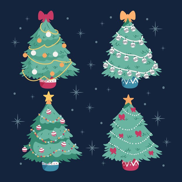 Colección arboles de navidad planos dibujados a mano