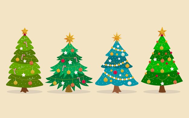 Colección arboles de navidad planos dibujados a mano
