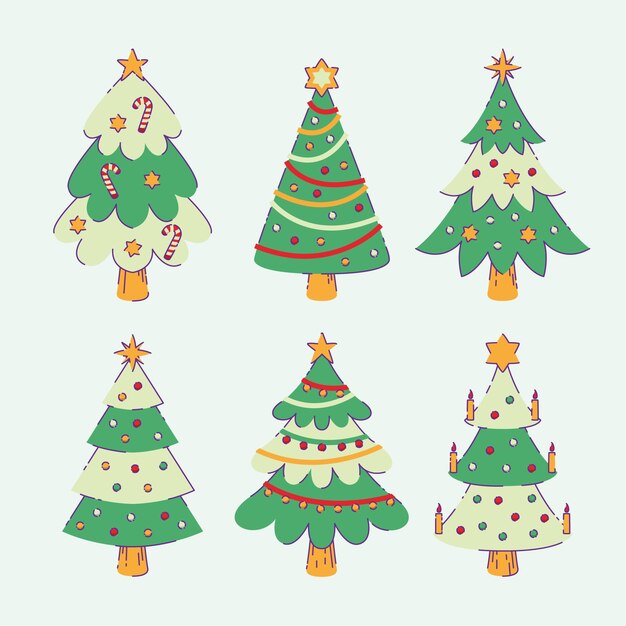 Colección arboles de navidad planos dibujados a mano