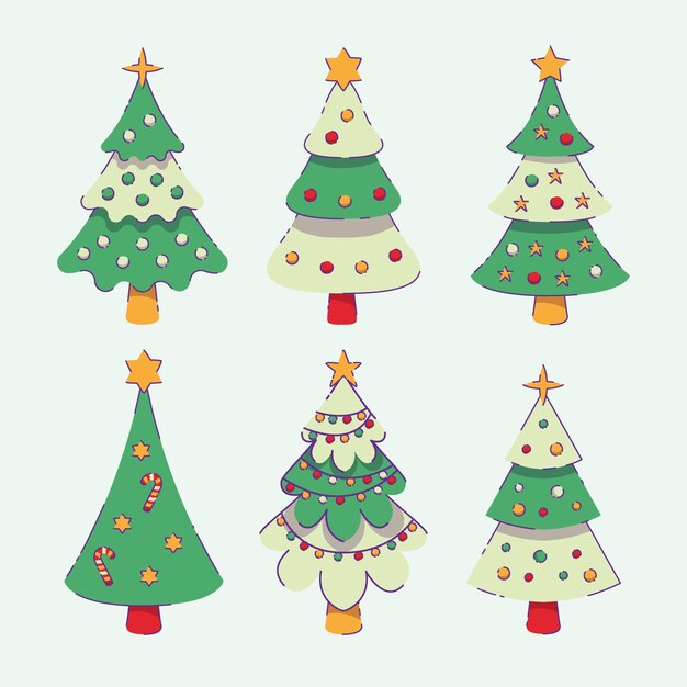 Colección arboles de navidad planos dibujados a mano