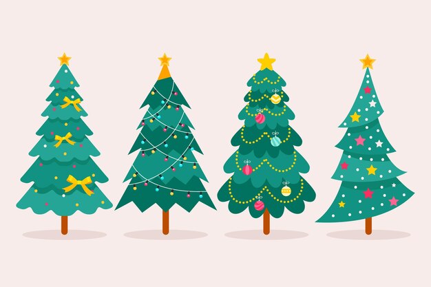 Colección arboles de navidad planos dibujados a mano