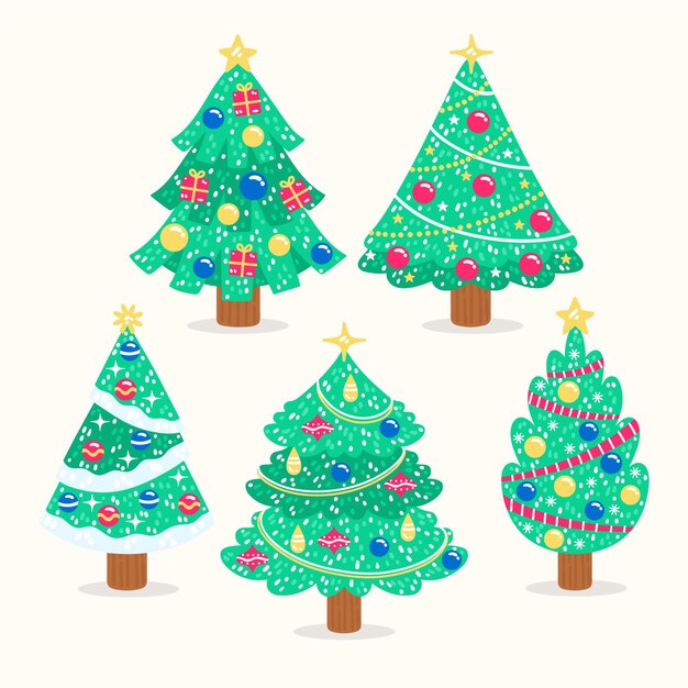 Colección arboles de navidad planos dibujados a mano