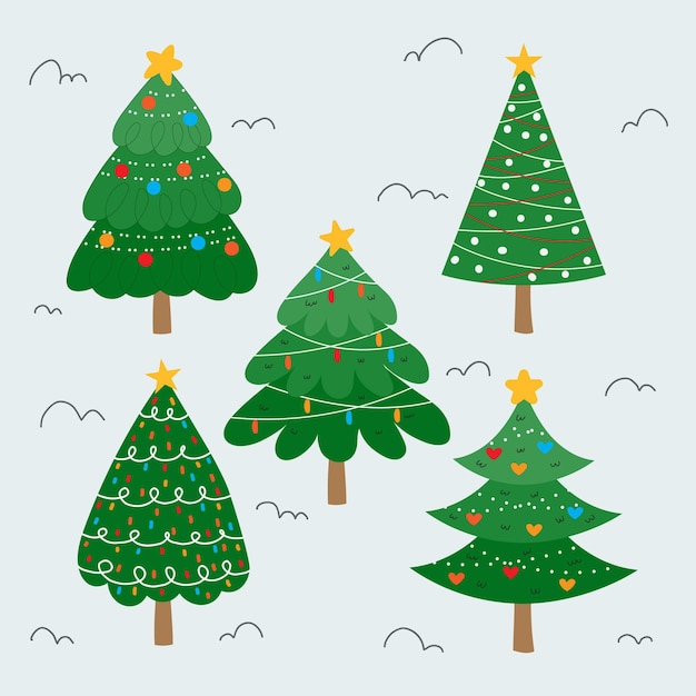 Colección arboles de navidad planos dibujados a mano