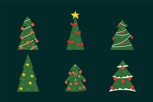 Colección arboles de navidad planos dibujados a mano