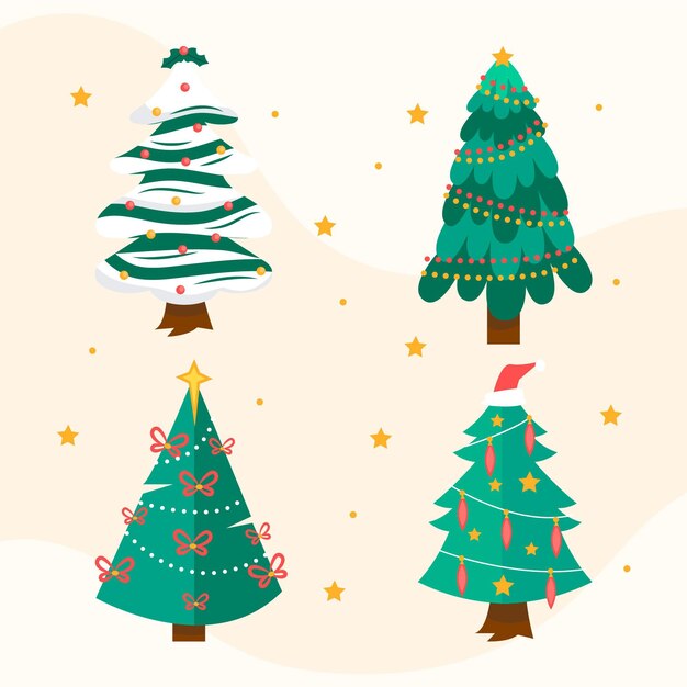 Colección arboles de navidad planos dibujados a mano