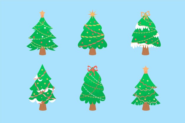 Colección arboles de navidad planos dibujados a mano