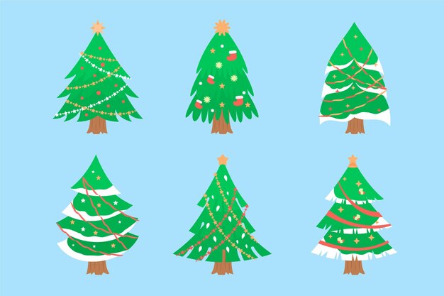 Colección arboles de navidad planos dibujados a mano