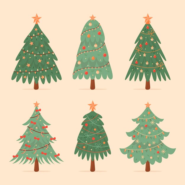Colección arboles de navidad planos dibujados a mano