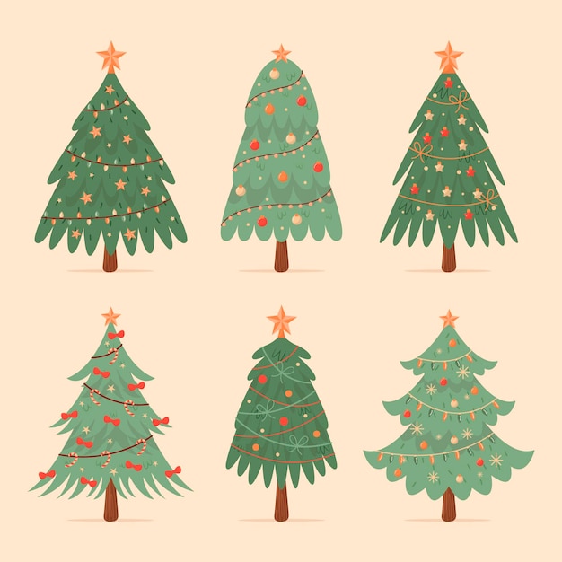 Colección arboles de navidad planos dibujados a mano