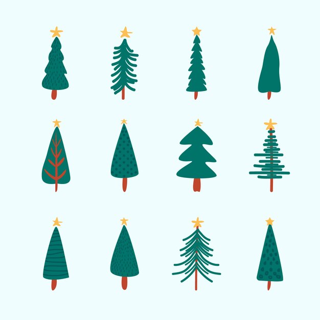 Colección arboles de navidad planos dibujados a mano