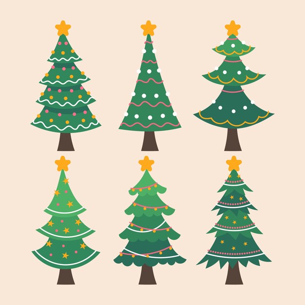 Colección arboles de navidad planos dibujados a mano