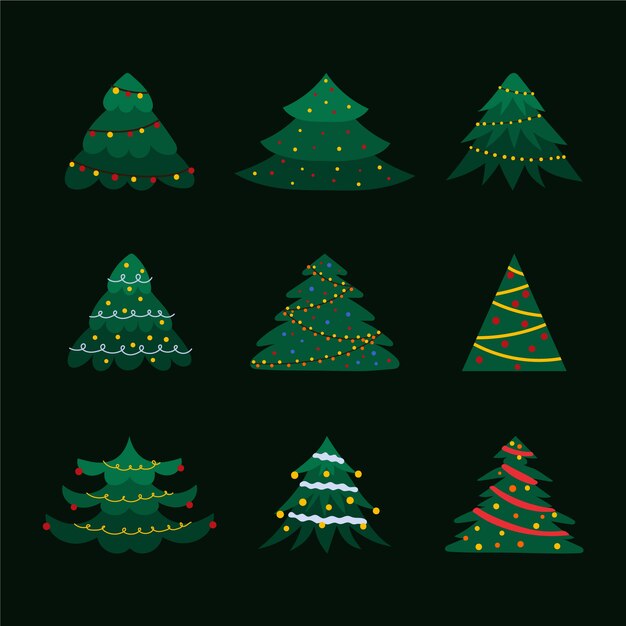 Colección arboles de navidad planos dibujados a mano