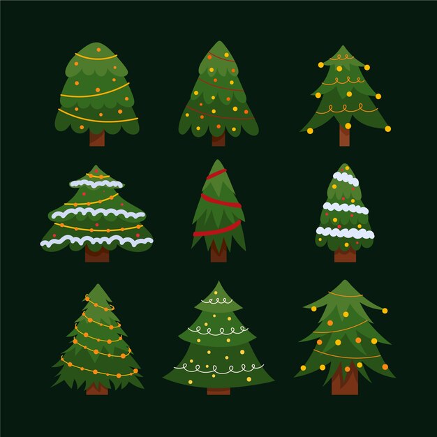 Colección arboles de navidad planos dibujados a mano
