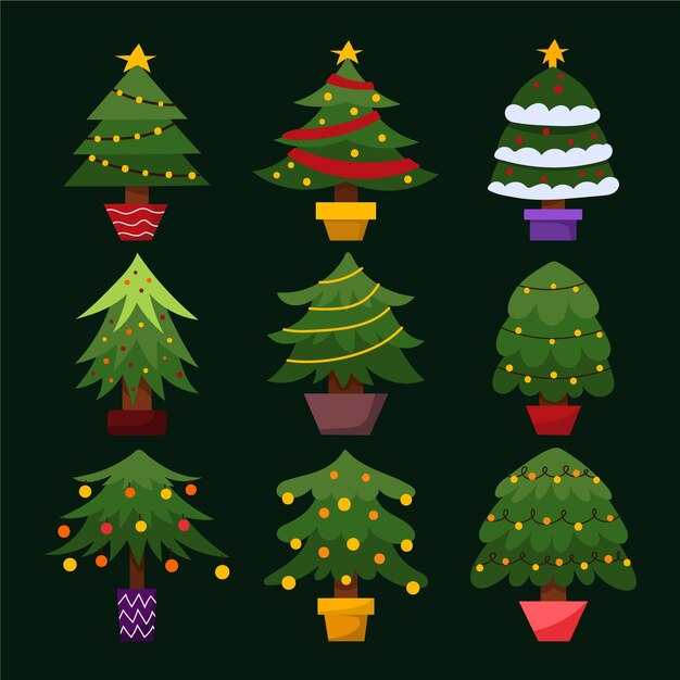 Colección arboles de navidad planos dibujados a mano