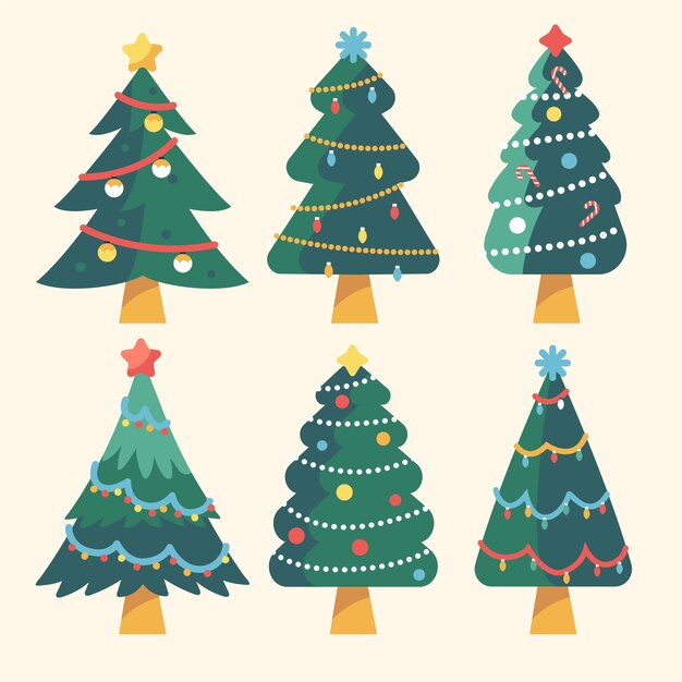 Colección arboles de navidad planos dibujados a mano