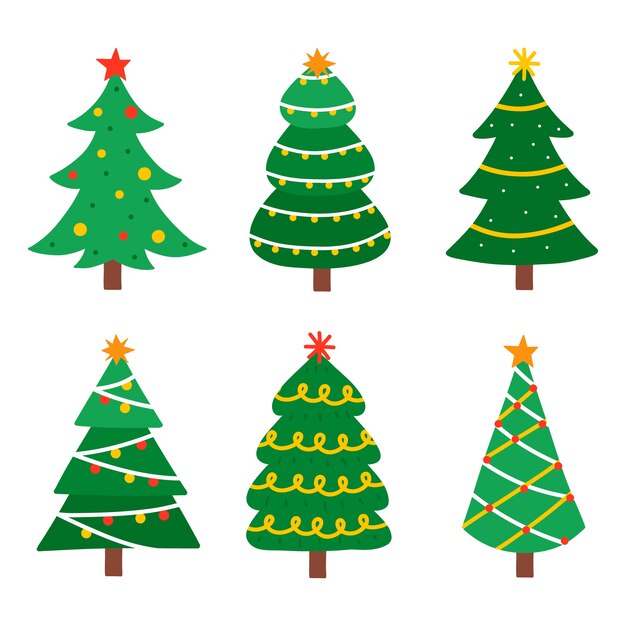 Colección arboles de navidad planos dibujados a mano