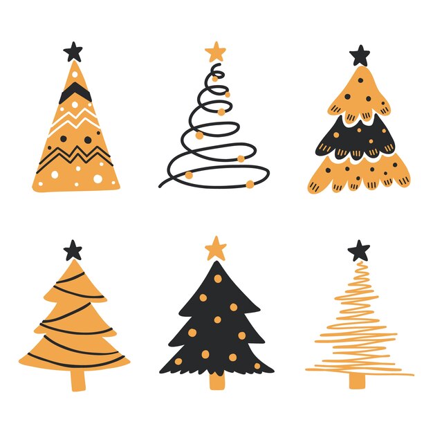 Colección arboles de navidad planos dibujados a mano
