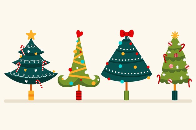 Colección arboles de navidad planos dibujados a mano