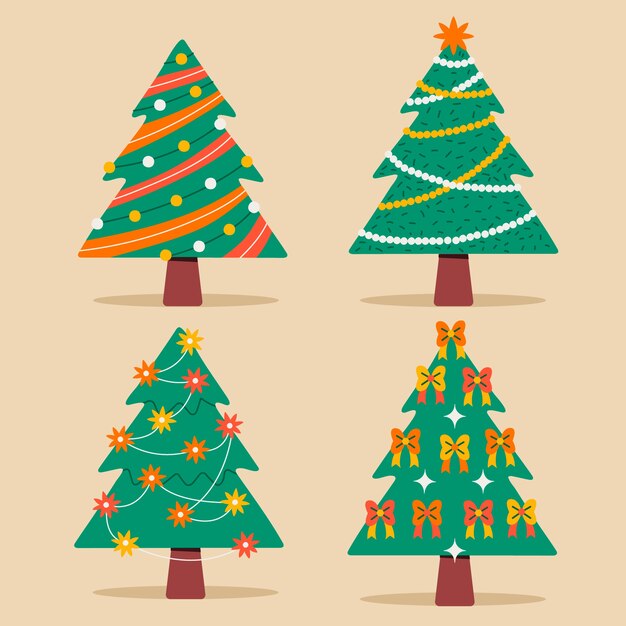 Colección arboles de navidad planos dibujados a mano