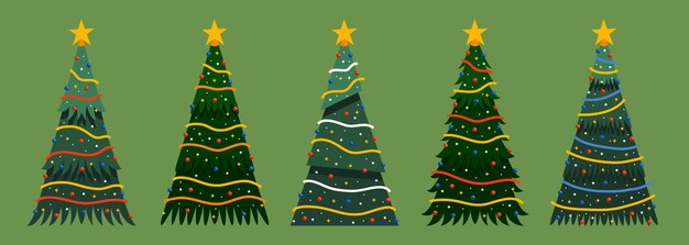 Colección arboles de navidad planos dibujados a mano