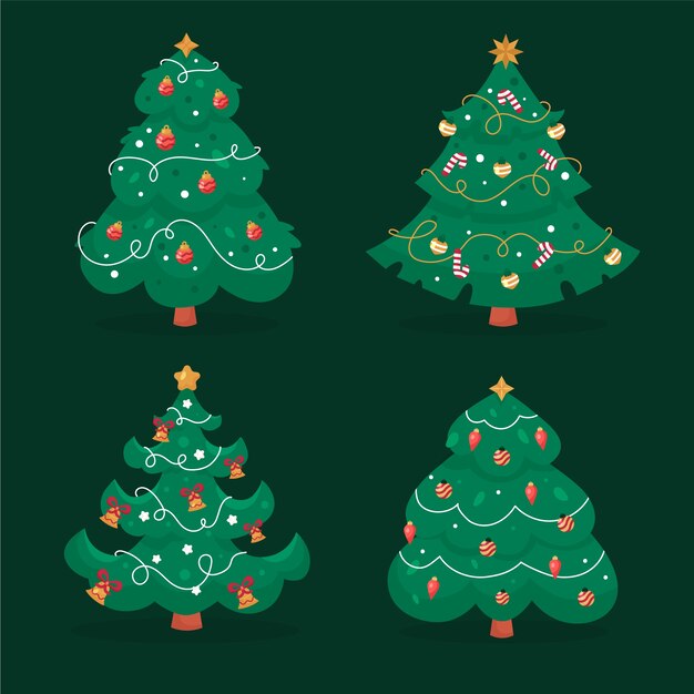 Colección arboles de navidad planos dibujados a mano