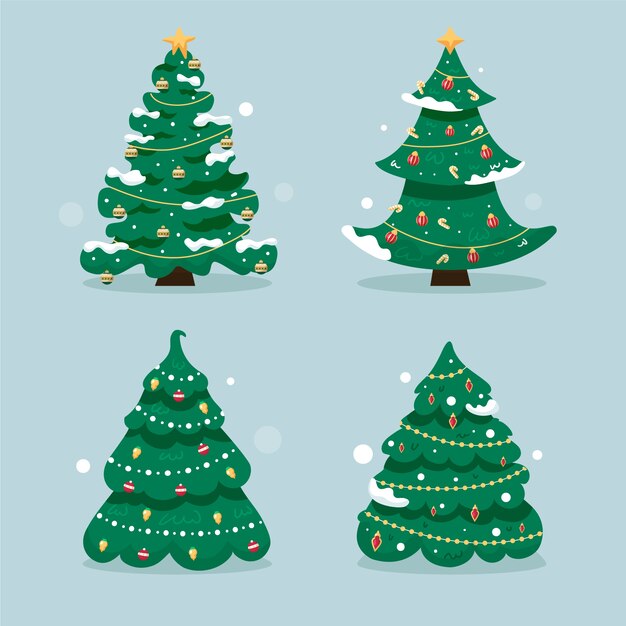 Colección arboles de navidad planos dibujados a mano