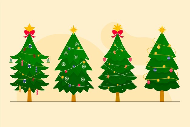 Colección arboles de navidad planos dibujados a mano
