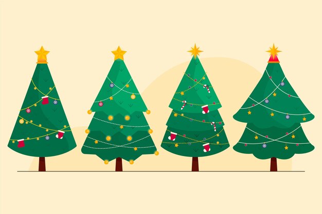 Colección arboles de navidad planos dibujados a mano