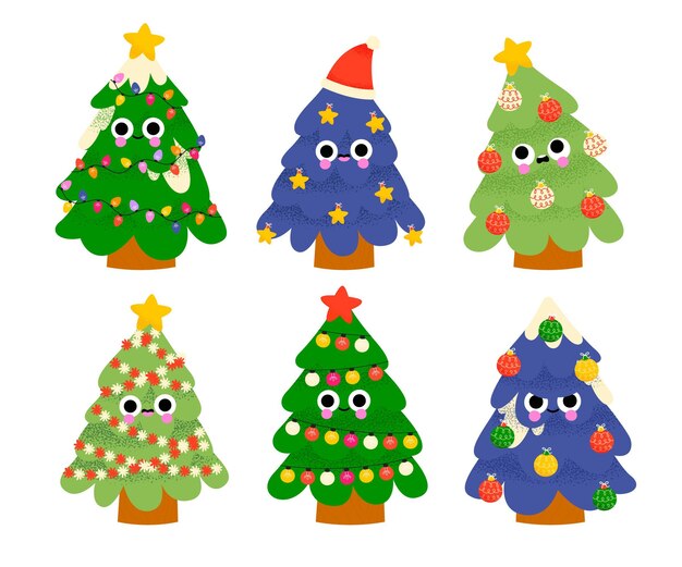 Colección arboles de navidad planos dibujados a mano