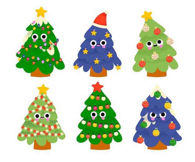 Colección arboles de navidad planos dibujados a mano