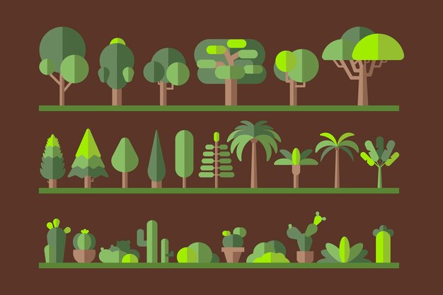 Colección de árboles planos de botánica verde en un estante