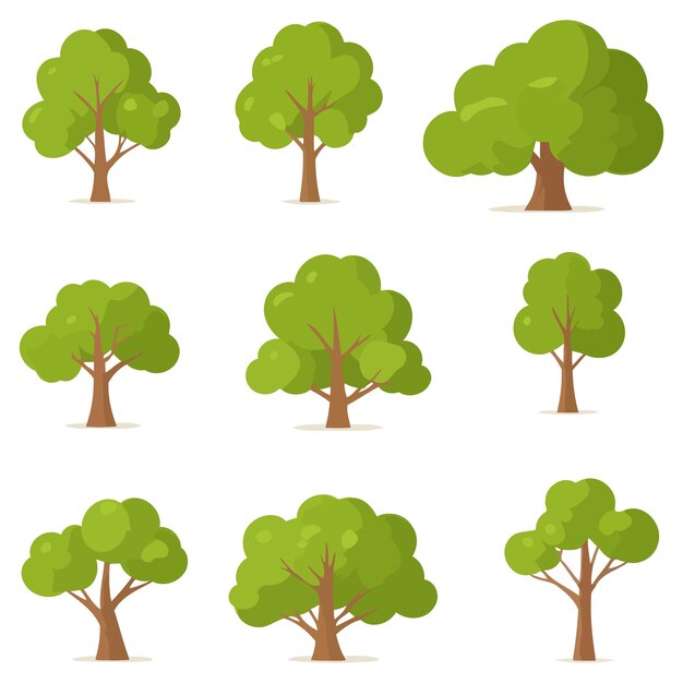 Colección de árboles verdes en varios estilos ilustrativos