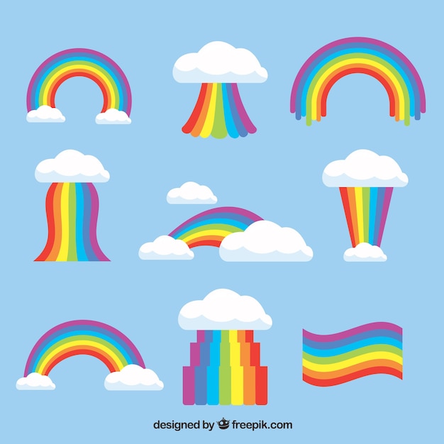 Colección de arco iris con diferentes formas en silla plana