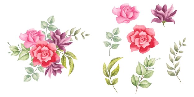 Colección de arreglos y elementos florales en acuarela