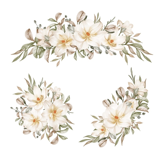 Colección de arreglos florales de acuarela blanca magnolia