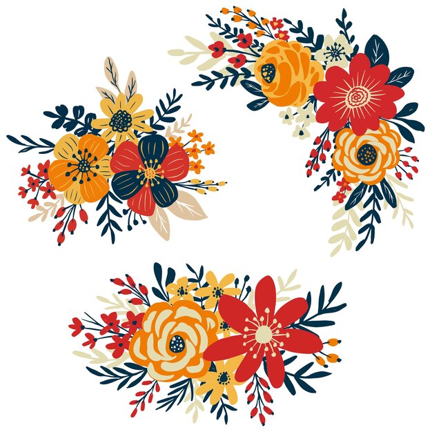 Colección de arreglos florales de diseño plano dibujados a mano