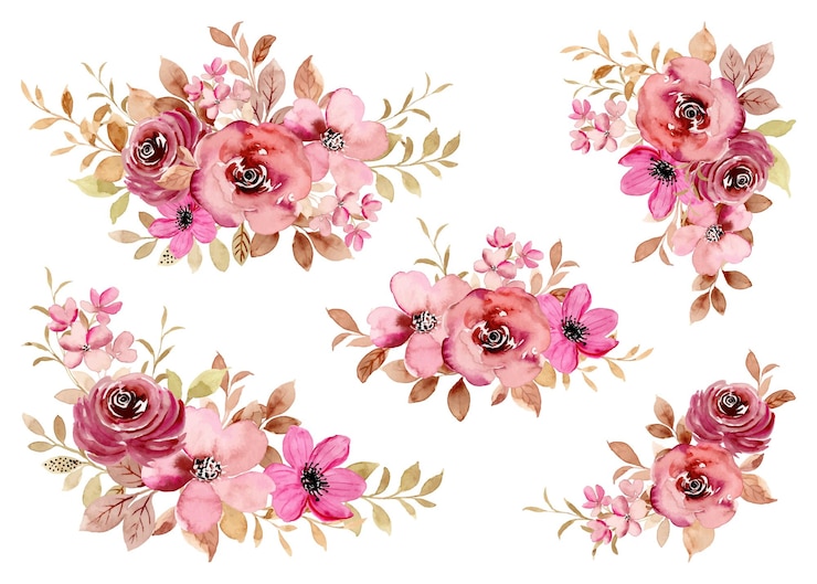 Vector gratuito colección de arreglos florales de rosas burdeos con acuarela