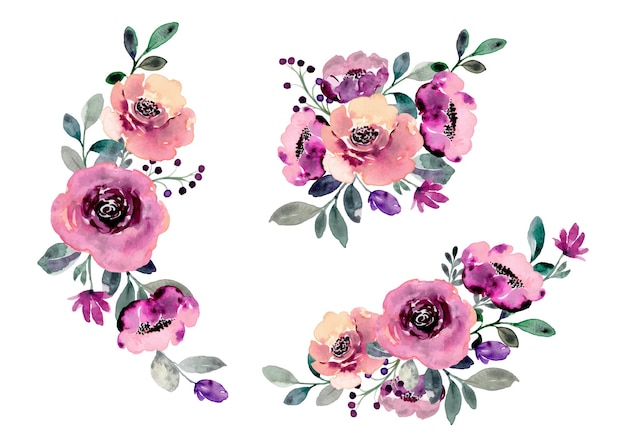 Colección de arreglos florales de rosas moradas con acuarela