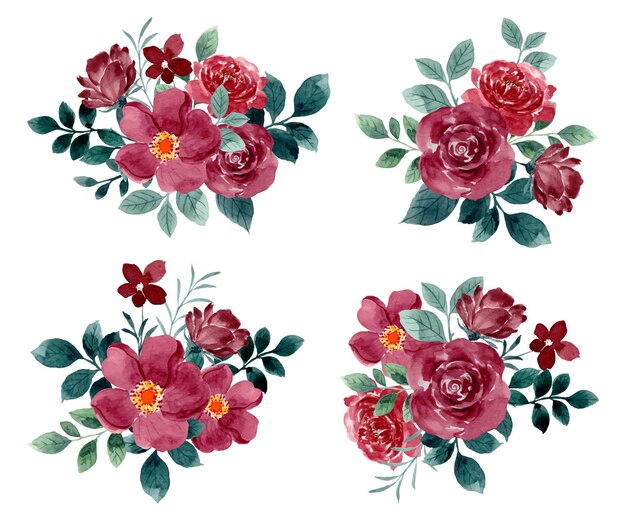 Colección de arreglos florales de rosas rojas con acuarela