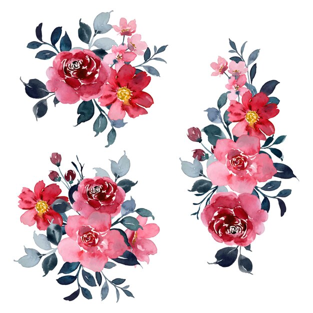 Colección de arreglos florales de rosas rojas con acuarela
