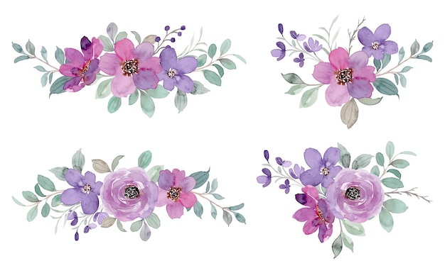 Vector gratuito colección de arreglos florales verde morado con acuarela