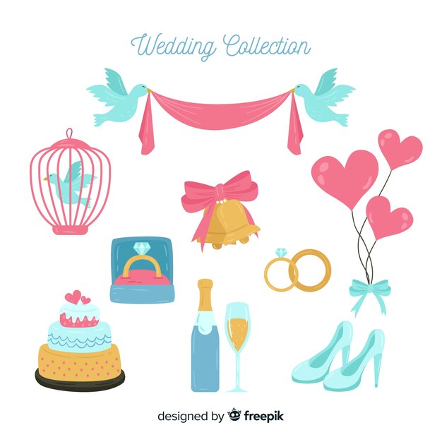 Colección de artículos de boda en diseño plano