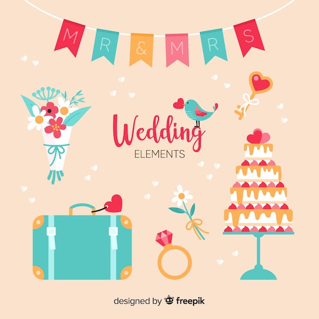 Colección de artículos de boda en diseño plano