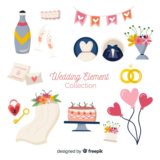 Colección de artículos de boda en diseño plano