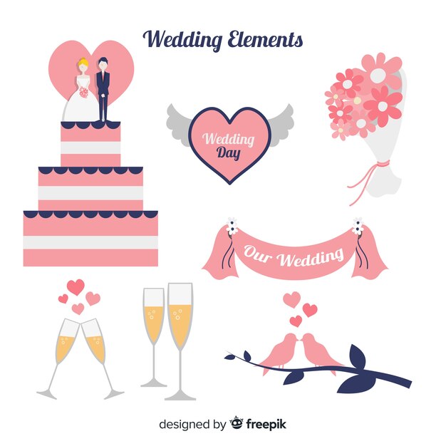 Colección de artículos de boda en diseño plano