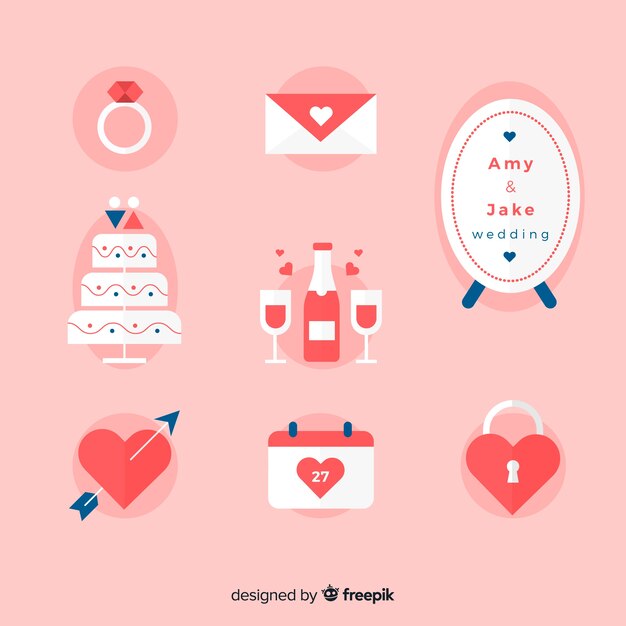 Colección de artículos de boda en diseño plano