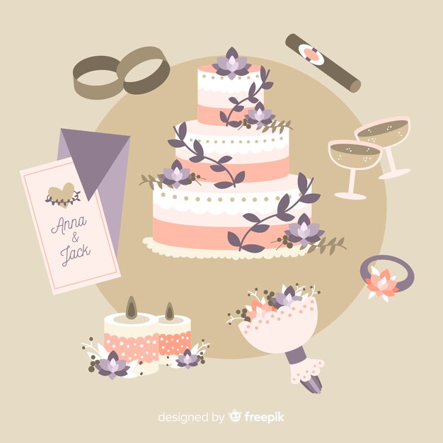 Colección de artículos de boda en diseño plano