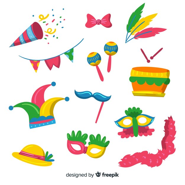 Colección de artículos de carnaval en diseño plano